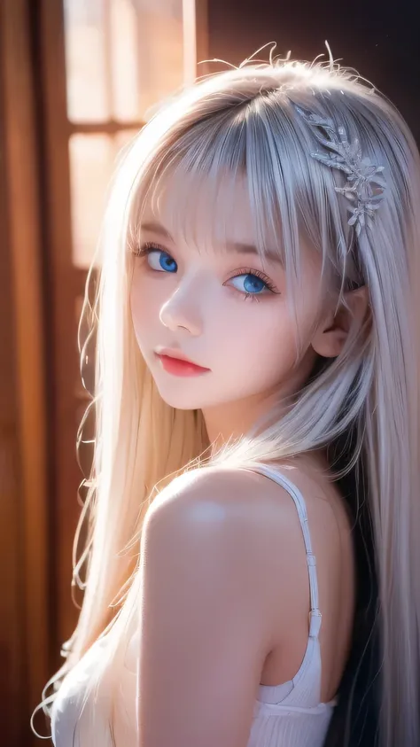 cute very beautiful first time with super long straight platinum blonde hair, the most beautiful in the world々 analog style portrait of a young woman with a pretty young face 、 The bangs between the eyes hang down to the tip of the nose 、Beautiful Extraor...
