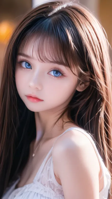 cute very beautiful first time with super long straight platinum blonde hair, the most beautiful in the world々 analog style portrait of a young woman with a pretty young face 、 The bangs between the eyes hang down to the tip of the nose 、Beautiful Extraor...