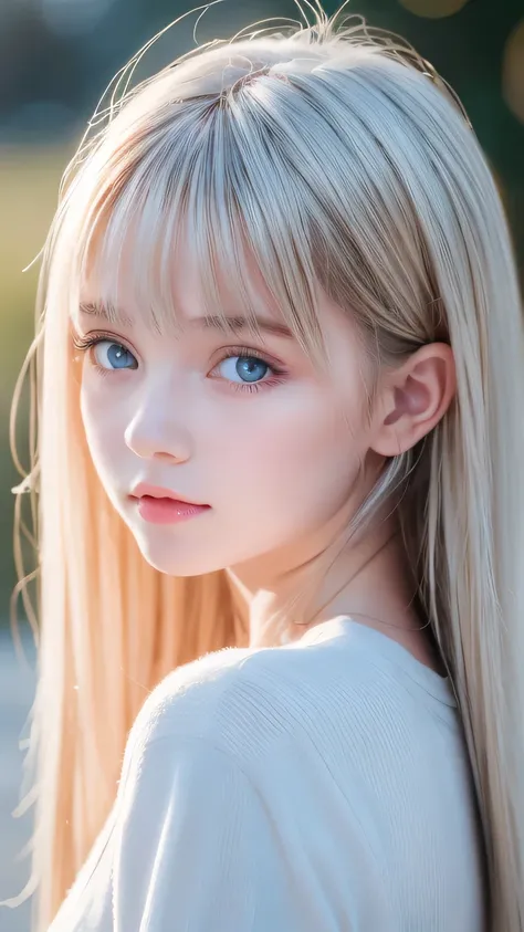 cute very beautiful first time with super long straight platinum blonde hair, the most beautiful in the world々 analog style portrait of a young woman with a pretty young face 、 The bangs between the eyes hang down to the tip of the nose 、Beautiful Extraor...