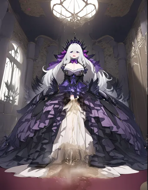 (1 person with huge breasts ,white hair, Purple Eyes, Queen wearing a gorgeous purple and black Rococo long-sleeved dress), the delicate face and eyes ,whole body,standing posture,Emotionally sad ,cry,A lot of tears in the eyes , open mouth ,peeing,wetting...