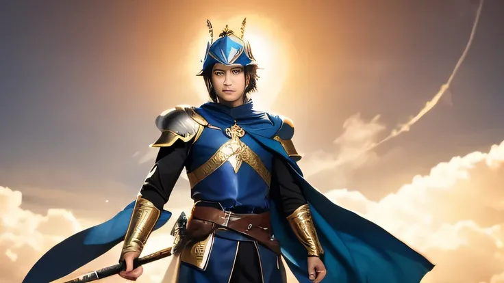 prompt: A young brave man wearing blue armor。 wears a blue tunic over a black inner 、 has a belt with a gold buckle 。He holds a large sword in his right hand 、 has a blue shield adorned with red jewels and gold in his left hand。 wears a blue helmet with go...