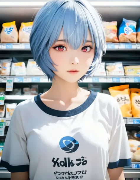 (best quality, 8k, high resolution:1.2), 1girl, ayanami_rei, convenience store, upper body