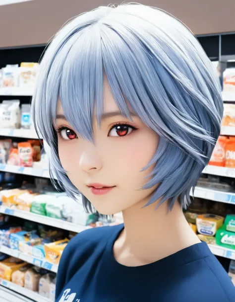 (best quality, 8k, high resolution:1.2), 1girl, ayanami_rei, convenience store, upper body