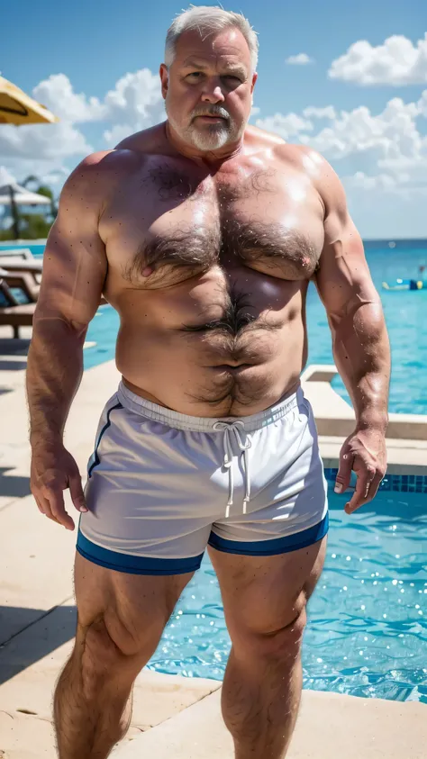 (best quality,4k,8k,highres,masterpiece:1.2), age 60, white man, horny disgusting, muscular chubby, kind, hairy chest hard nipple , mature daddy, Beach shorts with big hard bulge inside a pool