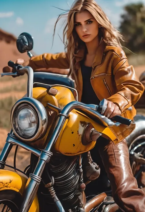 wide shot、 1 girl、 riding a retro motorcycle 、(( motorbike dirty from combat ))、goggles, My clothes were torn, the girls clothes and face are stained from combat . Petite and slim, Small girl, petite girls, Fine Eye Details , scratched and rusted . , ...
