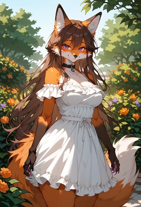 (score_9, score_8_up, score_7_up), (furry), cowboy shot, mature female, fox girl, orange fur, brown hair, long hair, purple eyes, seductive smile, claws, medium breasts, wide hips, thick thighs, choker, (shoulderless frilled sundress:1.1), outdoors, garden...