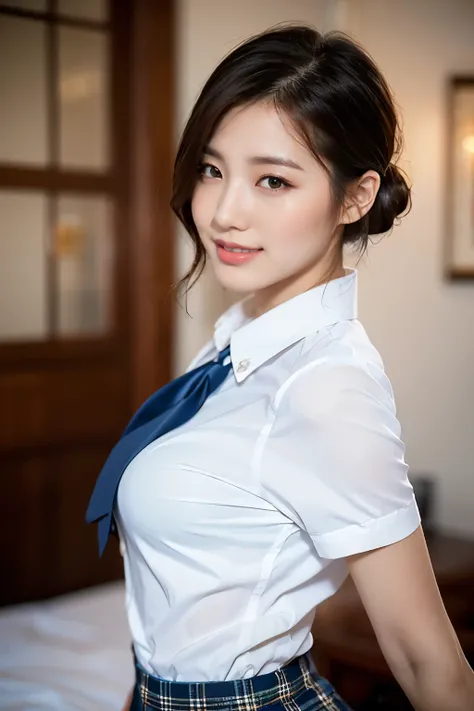 (A stunning Korean lady at night, natural poses in bedroom, wearing a traditional Serafuku, white button-down blouse, translucent short sleeves, plaid skirt, red bow-tie youthful charms, smooth complexion, beautiful detailed face, beautiful detailed eyes a...