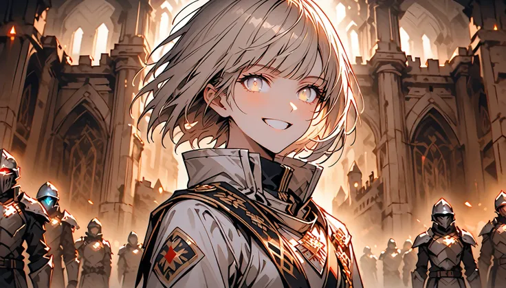 solo, woman, short hair, straight hair, hime cut, male military uniform, hero, simple helmet, medals, friendly smile, friendly, light-brown silver hair, faintly glowing eyes, silver eyes, broad shoulders, tomboy, castle, simple armor, white uniform, indoor...