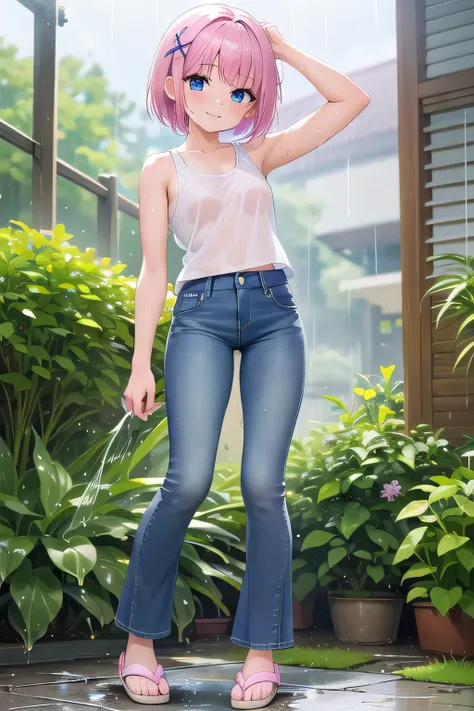 masterpiece,best quality,ultra detail,1girl, 14yo,petite,smile happy, flower garden, pouring rain, bright sunny, short hair, blue eyes, pink hair, hair ornament, x hair ornament,Raise your arms and behind your head,White teeth, white tank tops, jeans pants...