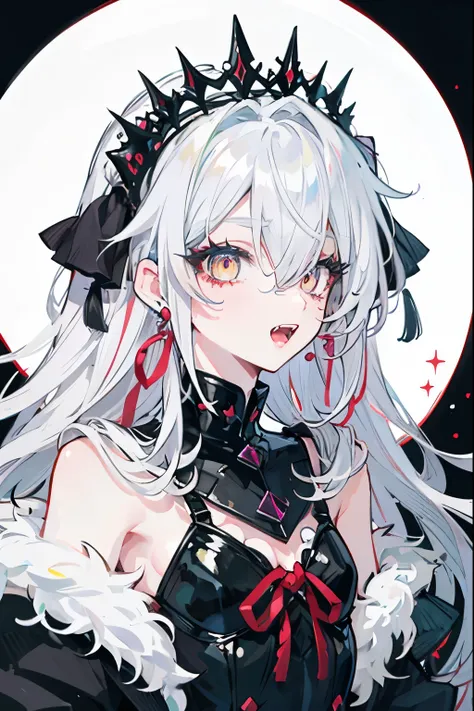 Fraction_9, Fraction_8_up, Fraction_7_up, Fraction_6_up, 1 Girl, unique, Open your mouth, trumpet, sharp teeth, teeth, earrings, Jewelry, look at the audience , Long hair, colorful eyes , multicoloRed Hair, hair between eyes, black background, Bare sh...