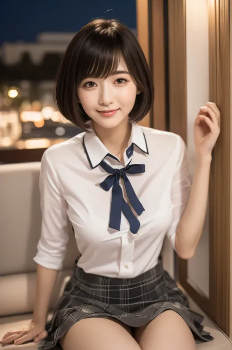 (8K, RAW photo, Best Quality, Masterpiece: 1.2), (Realistic, Photorealistic: 1.37), Ultra HD, 1 girl, Cute, Solo, Beautiful sky, Detailed cafe, Night, Sitting, date, (nose lip), (smile: 1.1), (closed), medium breasts, beautiful eyes, (collared shirt: 1.1),...