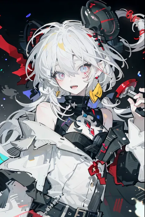 Fraction_9, Fraction_8_up, Fraction_7_up, Fraction_6_up, 1 Girl, unique, Open your mouth, trumpet, sharp teeth, teeth, earrings, Jewelry, look at the audience , Long hair, colorful eyes , multicoloRed Hair, hair between eyes, black background, Bare sh...