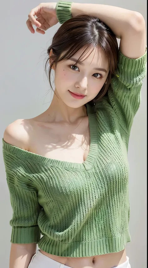 Top quality, one beautiful woman, wearing light green V-neck Sweater, 35mm lens, f/1, upper body, (Stretching: 0.3), (white background: 1.3), flat chest, Half Smile