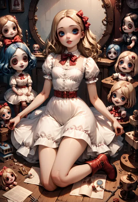 a doll girl , ( porcelain doll) , annabelle the doll , (((horror))), scarily adorable, white dress, ,red belt,blue eyes,boots, (...