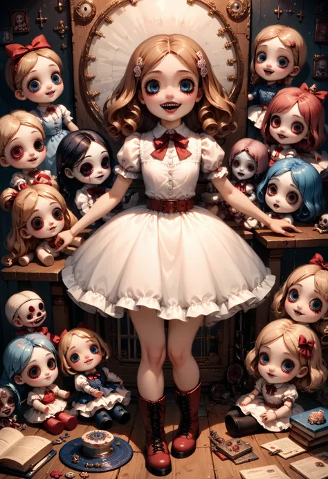 a doll girl , ( porcelain doll) , annabelle the doll , (((horror))), scarily adorable, white dress, ,red belt,blue eyes,boots, (...