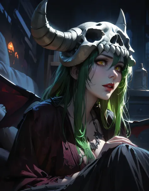 a beautiful detailed portrait of anime girl dressed as vampires, long green haired girl with skull adornments resembling nelliel...