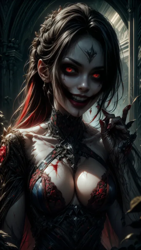 ( an evil sexy nurse , pale skin, dark blue light, night) in a,  Abandoned hospital room with low light ,  wearing a tight white nurses uniform  [ sexy nurse costume ] that accentuates its curves,  bloodstained suit ,  with a revealing low neckline and a s...
