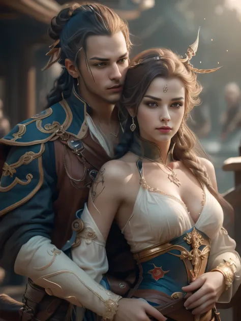 (Best Quality, Super Detail, Masterpiece, Representative Work, Official Art, Professional, Super Fine Detail, 8k:1.3), (Photorealism:1.2), (Couple, Beautiful Girl and Boy), Pirate beauty and handsome man Pirate, Handsome guy hugs beautiful girl from behind...