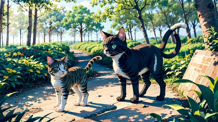 cute cat playing with friends, beautiful forest scenary, 