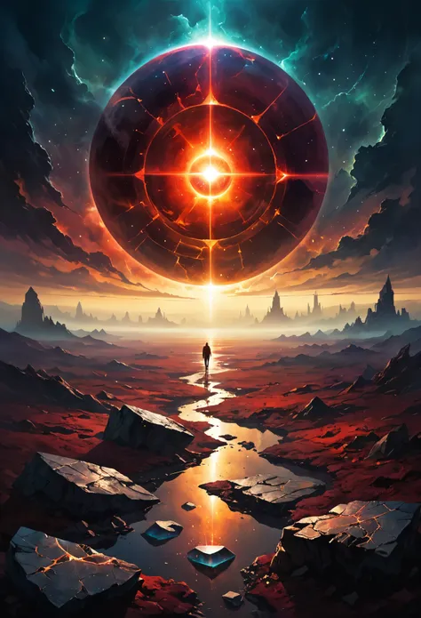  (  artworks here It should evoke an unsettling sense of alienation :1.5)， mystical landscape photography , glowing oil painting style ，Inc redible futuristic images appear on the Miracle Stone， cover art for mystical books , Full of suspense, Dark, atmosp...