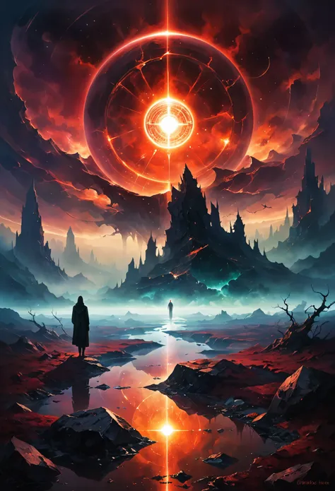  (  artworks here It should evoke an unsettling sense of alienation :1.5)， mystical landscape photography , glowing oil painting style ，Inc redible futuristic images appear on the Miracle Stone， cover art for mystical books , Full of suspense, Dark, atmosp...