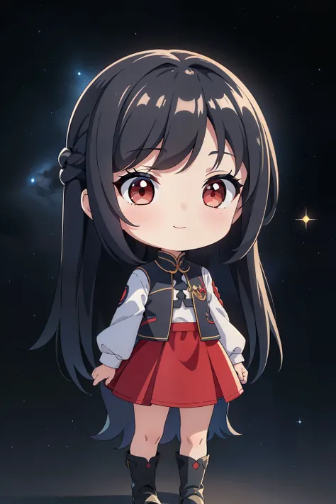 (high-quality, breathtaking),(expressive eyes, perfect face) portrait, 1girl, Symmetrical Eyes, toddler age, short height, chibi style art, adolescent, black hair, red eyes, black and red trim shirt, blue skirt, knee high socks, small boots, medium full sh...