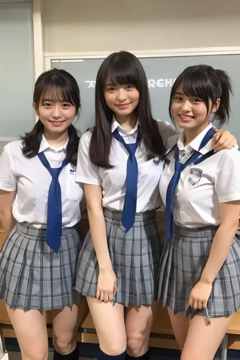 3 girls are standing in a school classroom,School uniform with blue ribbon tie,18 years old,bangs,Smile a little,Thighs,Knee, Shortcut Hair, low ponytail,From below