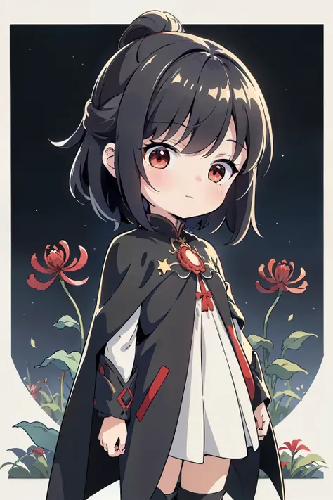(high-quality, breathtaking),(expressive eyes, perfect face) portrait, 1girl, Symmetrical Eyes, toddler age, short height, chibi style art, adolescent, black hair, red eyes, black and red trim dress, long cloak, knee high socks, small boots, medium full sh...
