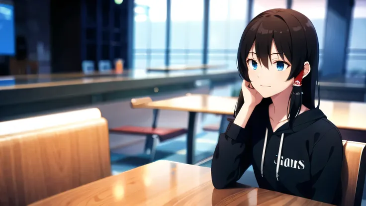 Image created in 3D animation style, long hair, chest, bangs, girl, brown hair, blue eyes, hoodie, hair between eyes, brown eyes, jewelry, middle of chest, closed mouth, upper body, side locks, headphones for listening to music, sitting in cafe, null, long...