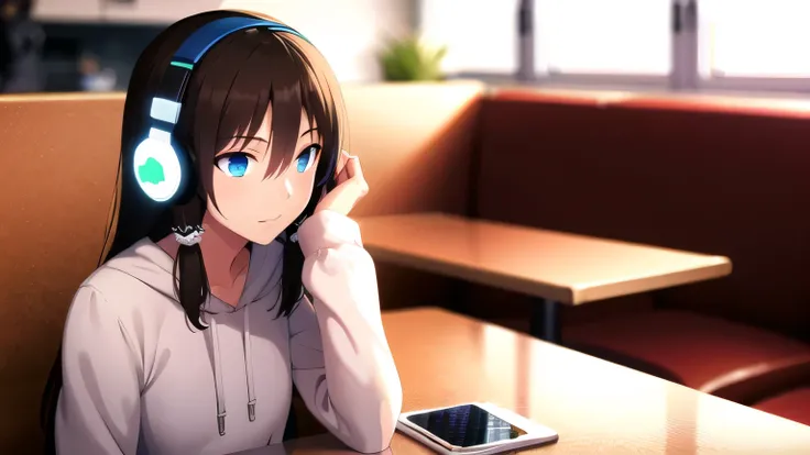 Image created in 3D animation style, long hair, chest, bangs, girl, brown hair, blue eyes, hoodie, hair between eyes, brown eyes, jewelry, middle of chest, closed mouth, upper body, side locks, headphones for listening to music, sitting in cafe, null, long...