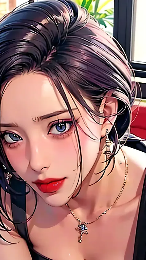 (Sitting,Cross-legged),(Rule of Thirds),((Hyperrealistic illustrations:1.2)), PURPLE HAIR WOMAN ,(Short hair),Tomboy,cute,((Smile)),Red lipstick,necklace,black迷你裙,belt,High heel。masterpiece, best quality ,( highly detailed :1.2),( FACE AND EYES DETAILS:1.2...