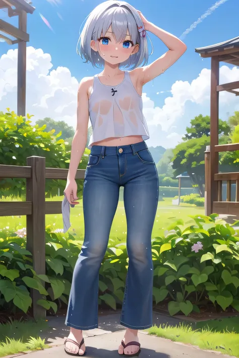 masterpiece,best quality,ultra detail,1girl, 14yo,petite,smile happy, sakura garden, shining, sunny, cloud, short hair, blue eyes, silver hair, hair ornament, ribbon hair ornament, Raise your arms and behind your head, Open your mouth, white tank tops, whi...