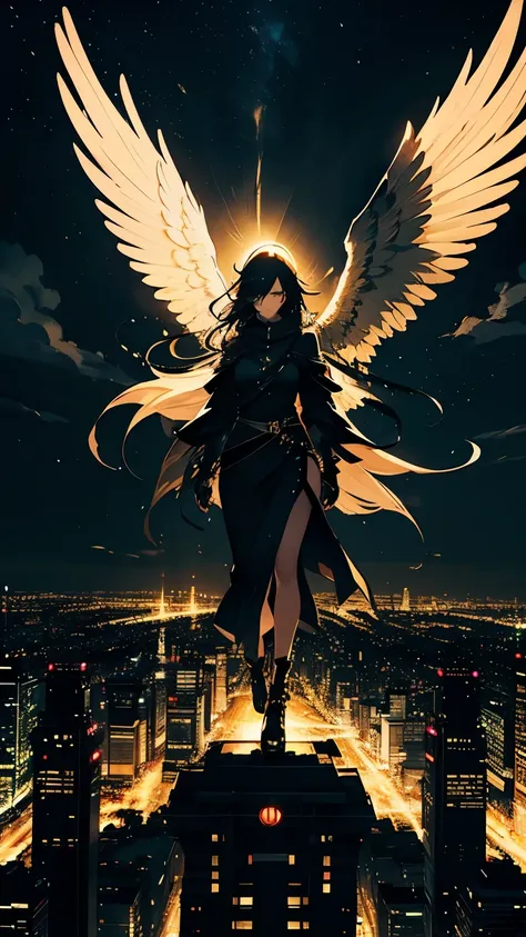 The image depicts a female angel floating above a city at night.。. The city lights are golden and create a dramatic atmosphere ,  Its delicate presence and black feathers contrast with the urban environment。. Women seem protective and cautious.