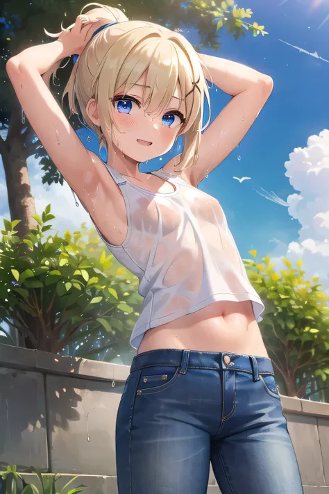 masterpiece,best quality,ultra detail,1girl, 14yo,petite,smile happy,sakura garden,sunshine,cloud,ponytail hair, blue eyes, blonde hair, hair ornament, x hair ornament,Raise your arms and behind your head,White teeth, white tank tops, white crop tops, jean...