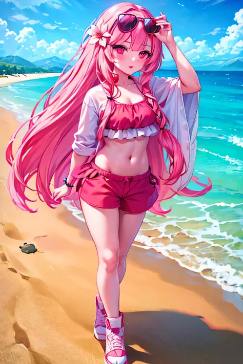 a girl, walking on a beach,  long hair , fringe,  pink hair, blush, make-up,  multicolored eyes ,  red lips, flower on the head,...