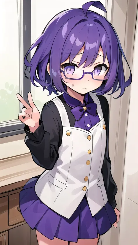 (1girl:1.5), (little female) , (Purple hair:1.4), , gray eyes,miniskirt, , (short:1.2), short long hair, kind expression,  shy, , long sleeves, ahoge, girl alone, glasses with no edges, embarrassed, flat chest