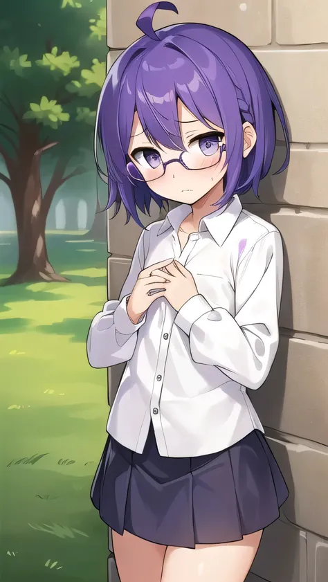 (Purple hair:1.4), ,gray eyes,miniskirt, , (short:1.4), short long hair, kind expression,  shy, , long sleeves, ahoge, girl alone, glasses with no edges, embarrassed, flat chest