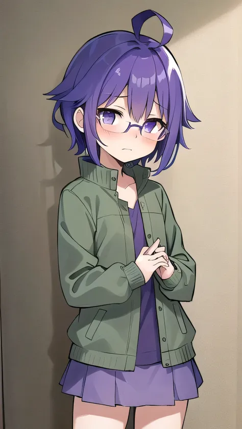 (Purple hair:1.4), ,gray eyes,miniskirt, jacket, (short:1.4), short long hair, kind expression,  shy, , long sleeves, ahoge, girl alone, glasses with no edges, embarrassed, flat chest