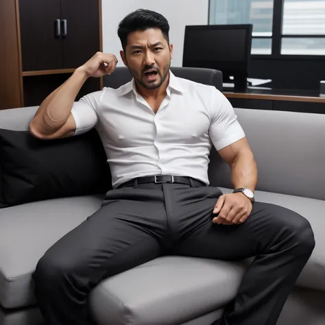 40 years old,One Man,、Muscular、   white shirt ､black tie､Grey Pants､ office ,sofa、、    Black Hair    、Very short perm。Asian Face　Stubble、There is a bulge in the crotch of my pants　Menacing look　Stubble　  open your mouth wide and scream  