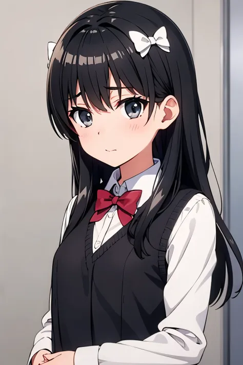 dark black haired girl, shiny, white, light gray eyes, , cute little, tie a white bow, white bow on her hair