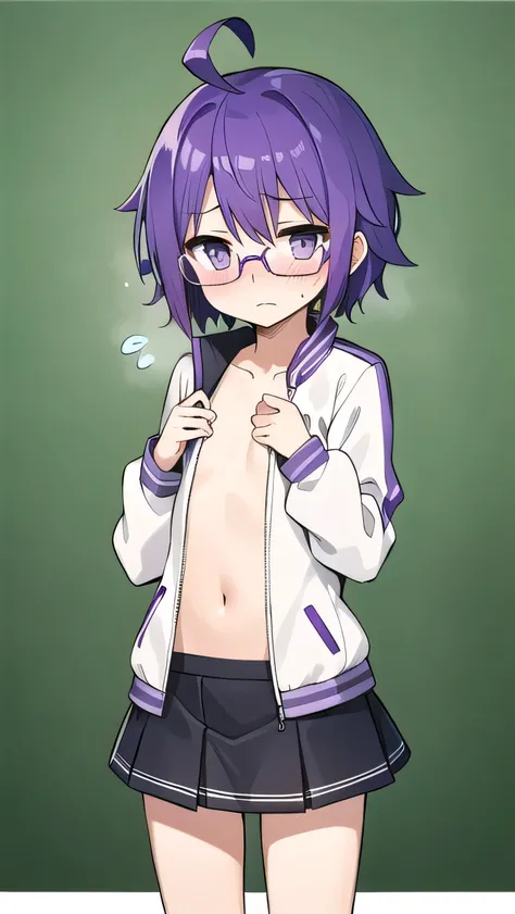 (Purple hair:1.4), ,gray eyes,miniskirt, jacket, (short:1.5), short long hair, kind expression,  shy, , long sleeves, ahoge, girl alone, glasses with no edges, embarrassed, (flat chest:1.1)