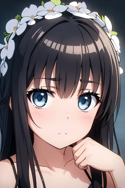 dark black haired girl, shiny,  light blue eyes, emotionless eyes , , cute little,