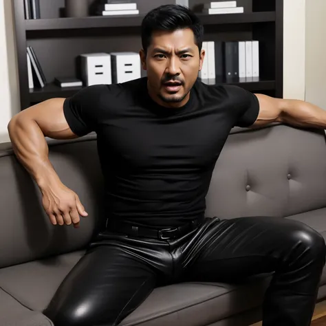 40 years old,One Man,、Muscular、  Black Shirt､Black leather pants、 office ,sofa、、   Black Hair   、Very short perm。Asian Face　Stubble、There is a bulge in the crotch of my pants　Menacing look　Stubble　 shout with your mouth wide open 