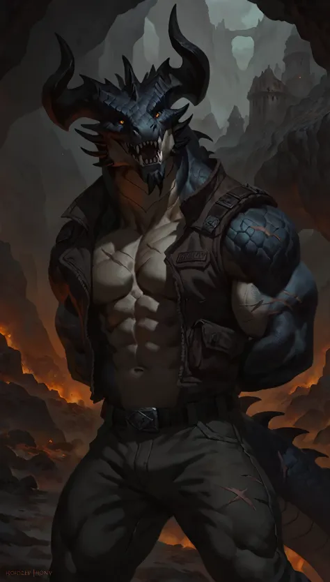 dragon like anthro lizard, hands behind back, anthro dragon, solo, scaly, detailed scales, experienced predator, dragonic, monster, mercenary, open mouth, black scaly body, matte body, toned, muscular anthro, big muscles, big horns, wearing vest and pants,...