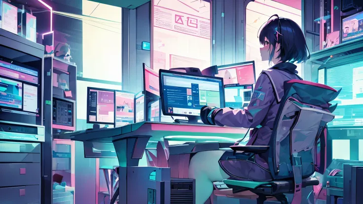 1 girl, Computer 、ゲーミング Computer 、White system room 、 high definition, pastel color 、night, neon