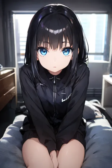 black-haired girl,  dark black, shiny,  light blue eyes, killer eyes , , cute little