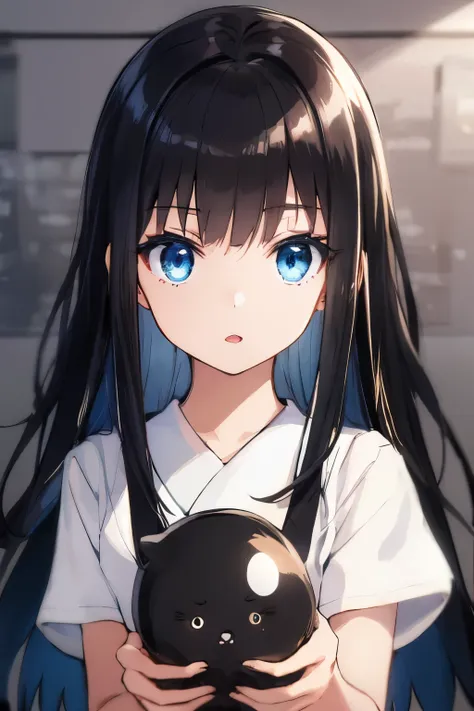 black-haired girl, glossy dark black,  light blue eyes, killer eyes , , cute little