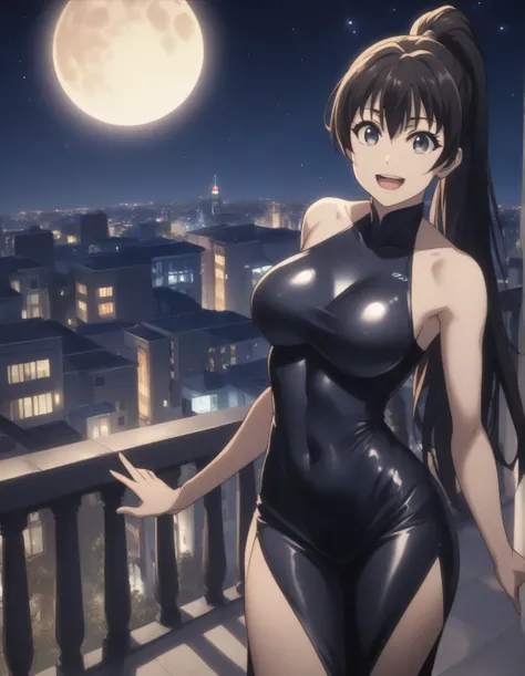 score_9, score_8_up, score_7_up, gsfghtr, long ponytail hair, black hair, bodycon dress, 1girl, sweet smile, open mouth, night, ...