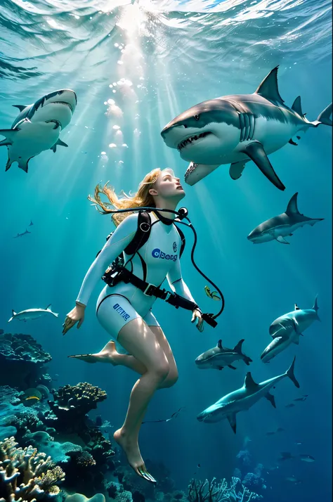 （ photorealistic、Live-action version、Best Quality、 realistically accurately expressed in detailed detail 、 masterpiece、 beautiful 20-year-old woman with big eyes and a tall nose 、 blond hair）、（ scuba diving 、white and yellow wetsuit oxygen cylinder、 holdin...