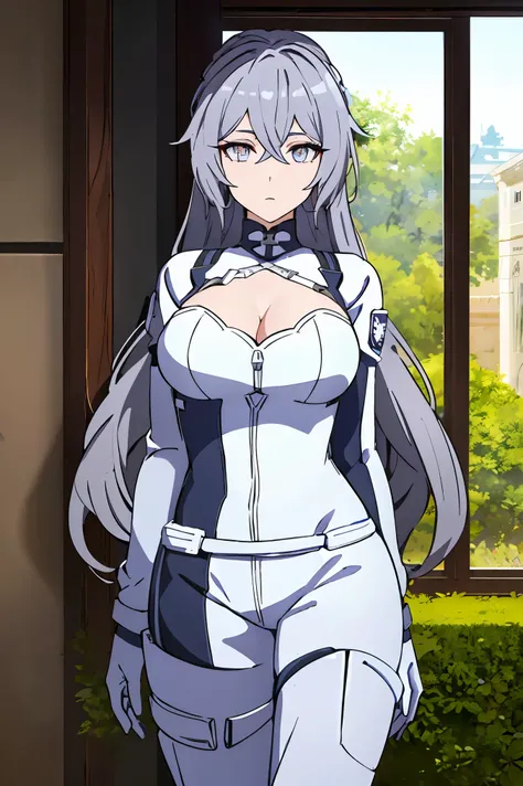 bronya zaychik (silverwing n-ex), bronya zaychik, red pupils,breasts, long hair, dress, grey hair, cleavage, bangs, (glowing grey eyes:1.2), 
BREAK ((white pilot suit:1.5)) 
BREAK standing in a large alcove in the room , standing in front of a window ,arms...